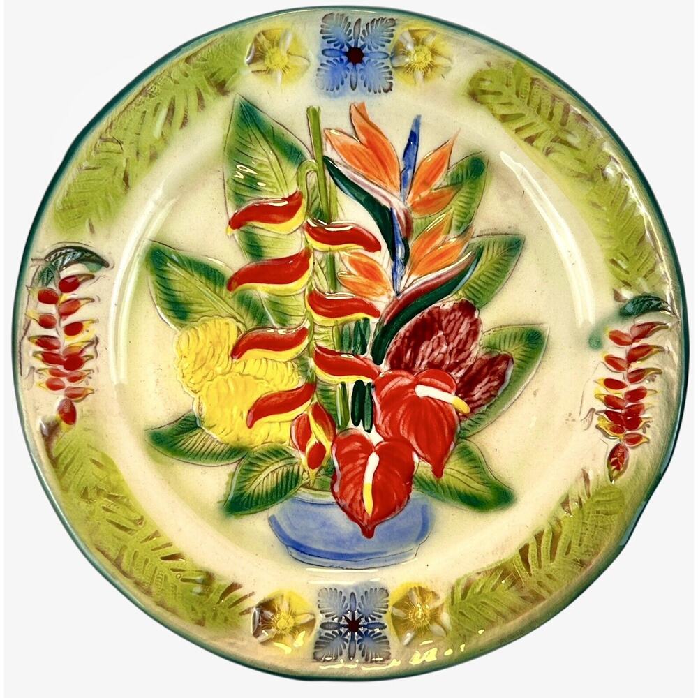 Kani Of Hawaii 10 Inch Plate Hand Made Floral Colorful Flowers Blues Red Yellow